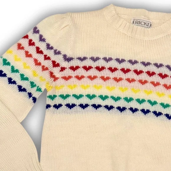 Vintage Cream Knit Sweater, Multicolor Heart Pattern, Sm, 80s Fall - Picture 2 of 9